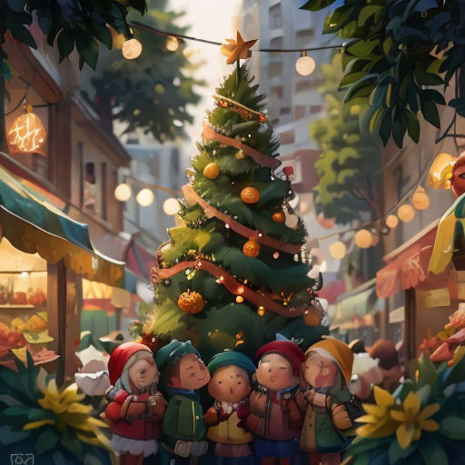 a christmas tree with many people around it in a city street with lights and decorations on the trees and buildings