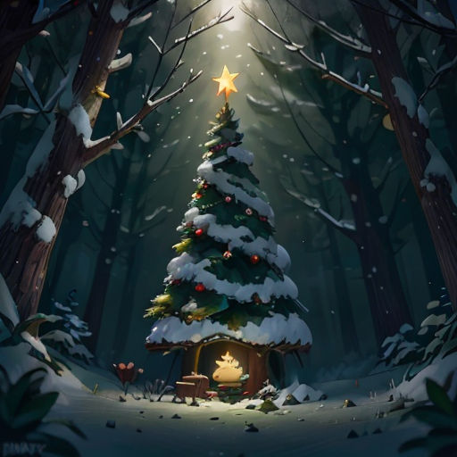 a christmas tree with a star on top of it in the middle of a forest with snow on the ground