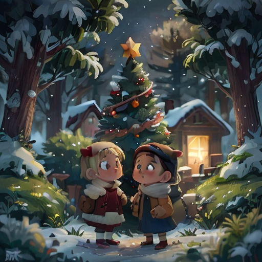 two children standing in front of a christmas tree in a snowy forest with a lit up tree in the background
