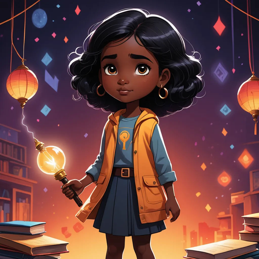 a cartoon girl holding a light bulb in her hand and standing in front of a pile of books and a building, afrofuturism, a character portrait, Ada Hill Walker, comic cover art