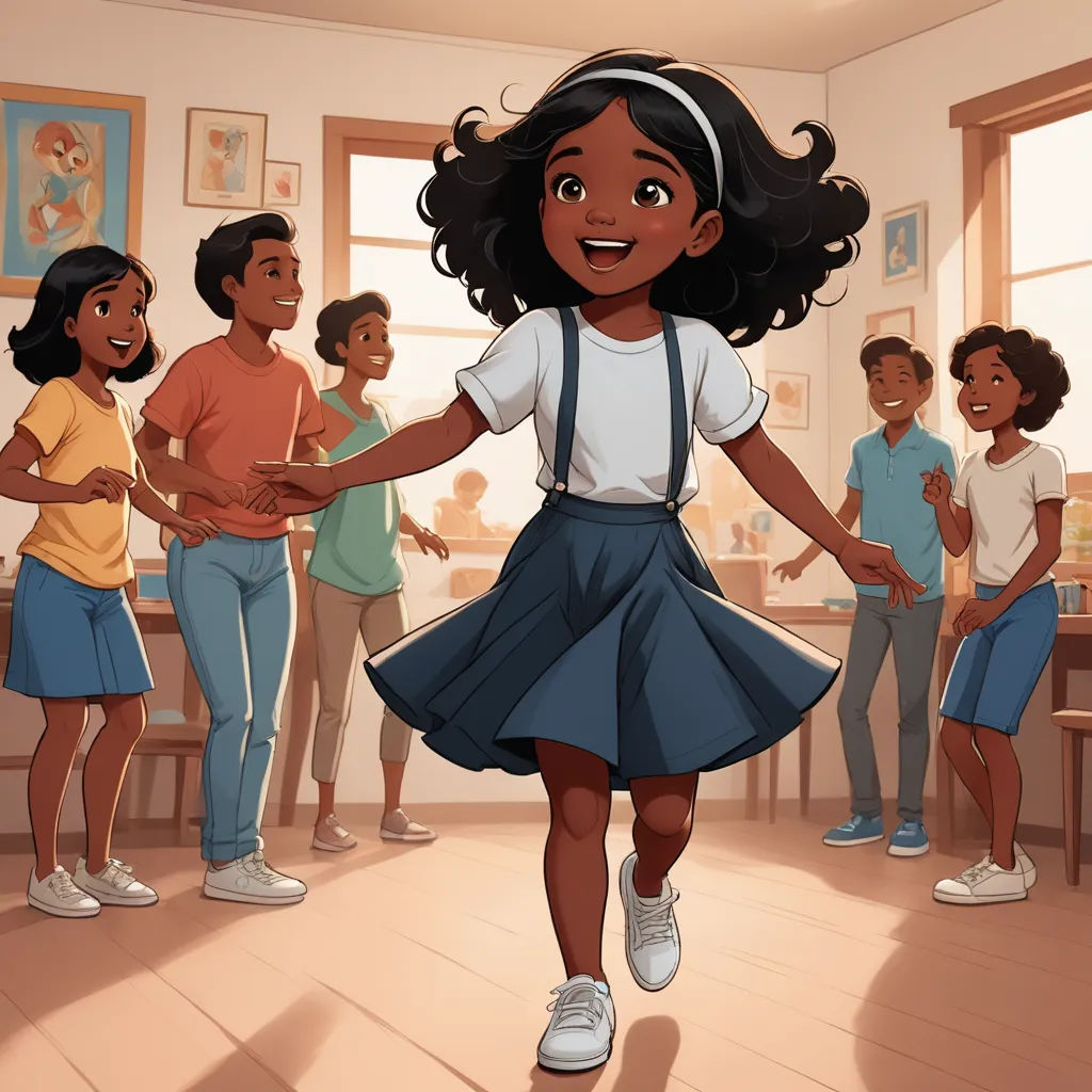 a girl in a school uniform dancing with other children in the background in a classroom setting with a teacher, harlem renaissance, a storybook illustration, Ella Guru, official art