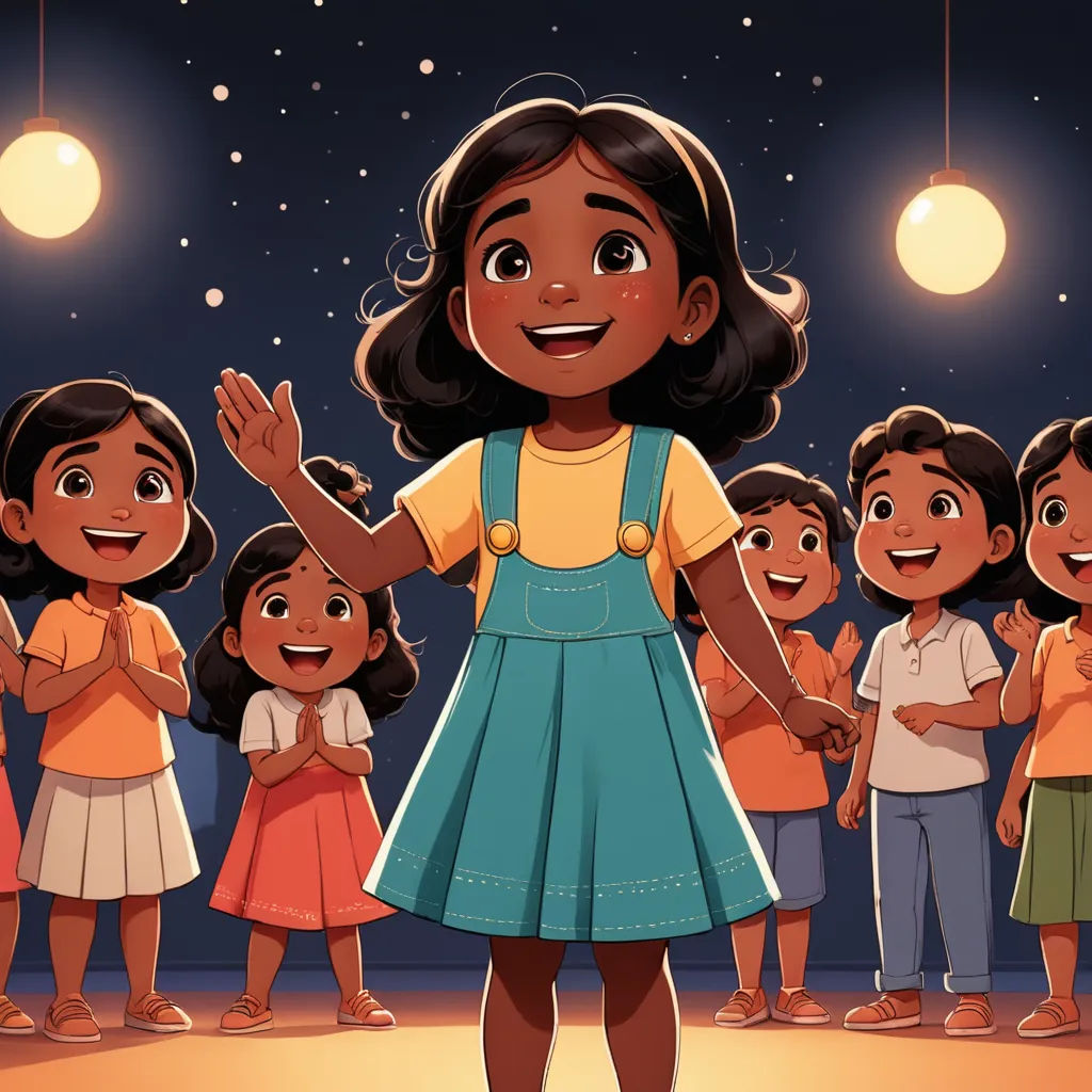 a girl in a blue dress standing in front of a group of children with their hands up in the air, samikshavad, a storybook illustration, Ella Guru, fireflies
