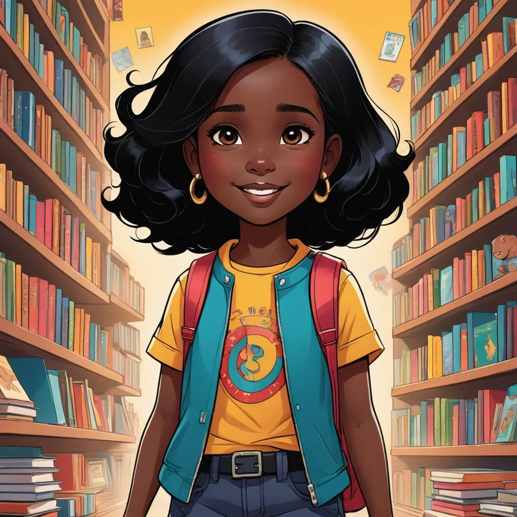 a cartoon girl standing in a library with bookshelves behind her and a backpack on her back,, underground comix, a character portrait, Chinwe Chukwuogo-Roy, comic cover art