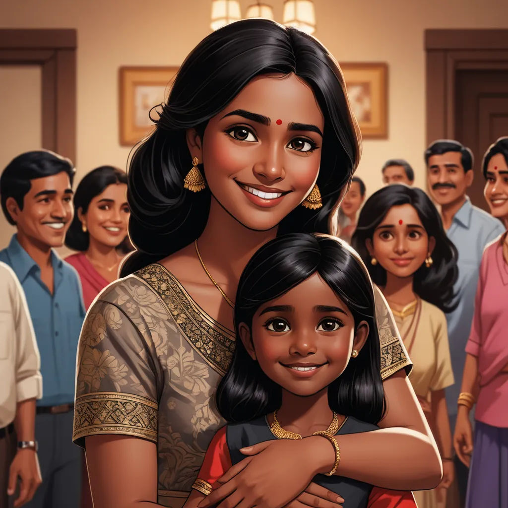 a woman holding a child in front of a group of people in a room with a painting of a woman, samikshavad, a storybook illustration, Ella Guru, comic cover art