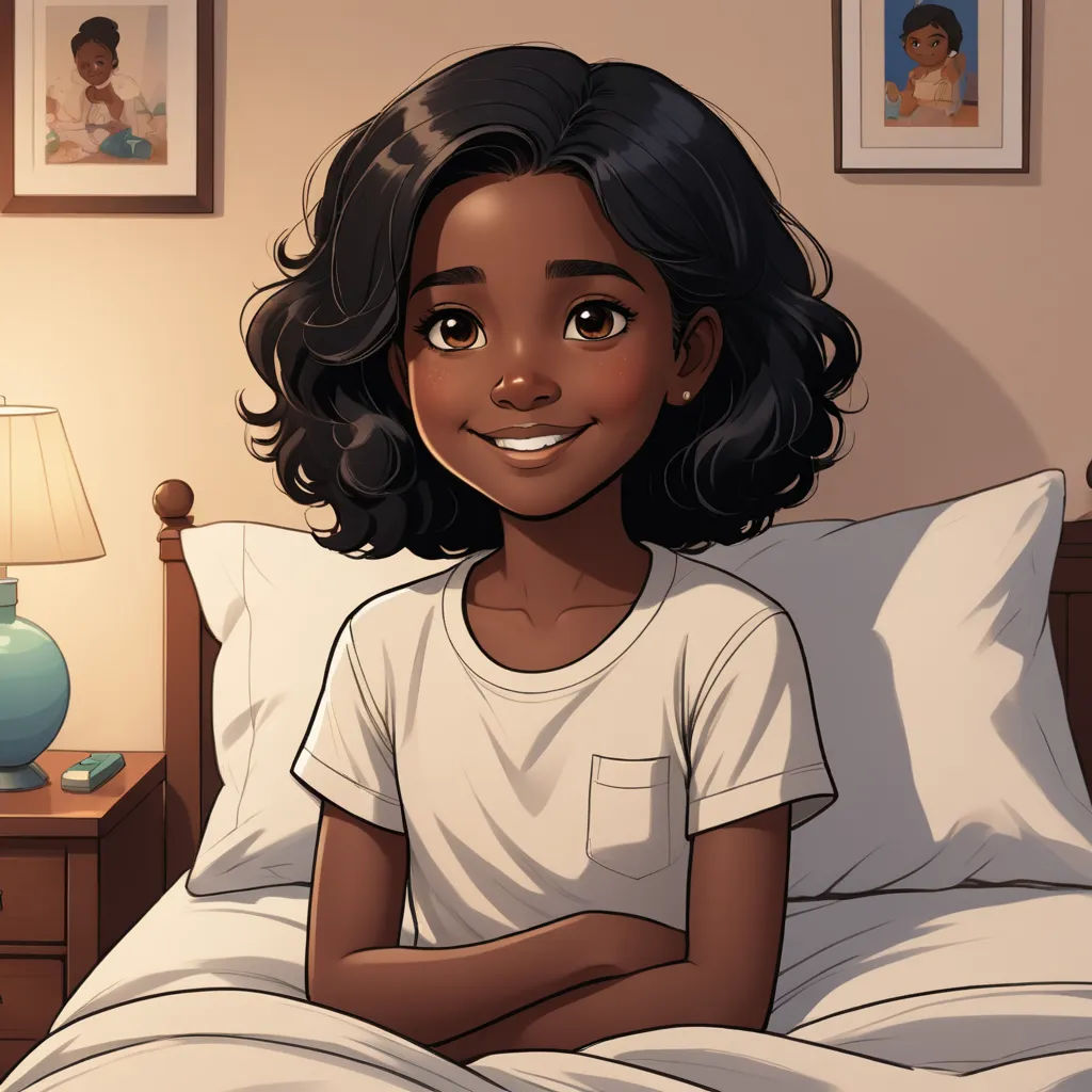 a cartoon girl sitting on a bed with a pillow and a lamp on the side table behind her,, harlem renaissance, a character portrait, Constance Gordon-Cumming, comic cover art