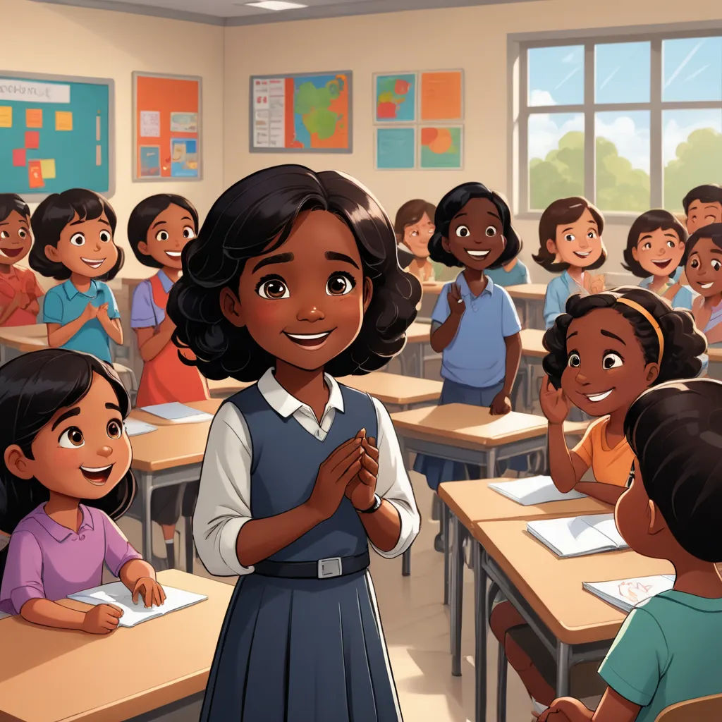 a cartoon of a girl standing in front of a class room full of students with their hands together and smiling, vancouver school, a storybook illustration, Ella Guru, official art
