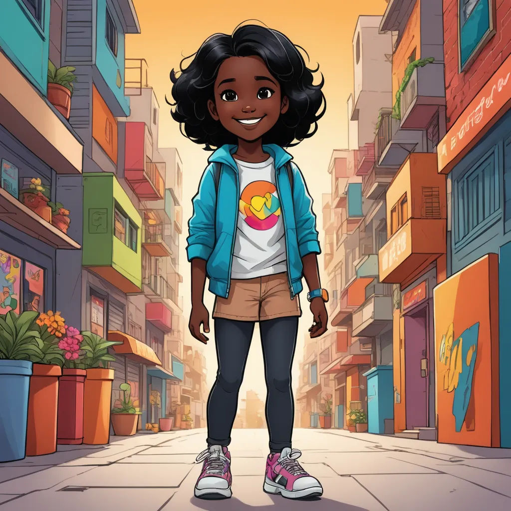 a cartoon girl standing in a city street with buildings in the background and a potted plant in the foreground, afrofuturism, a character portrait, Chinwe Chukwuogo-Roy, comic cover art