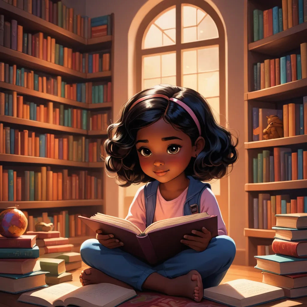 a little girl sitting on the floor reading a book in a library with bookshelves behind her and a window, fantasy art, a storybook illustration, Chris LaBrooy, storybook illustration