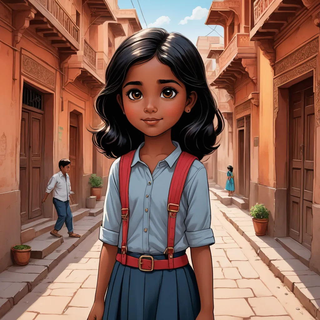 a cartoon girl with a backpack standing in a street with a man in the background and a building with a balcony, magical realism, a storybook illustration, Ella Guru, official art