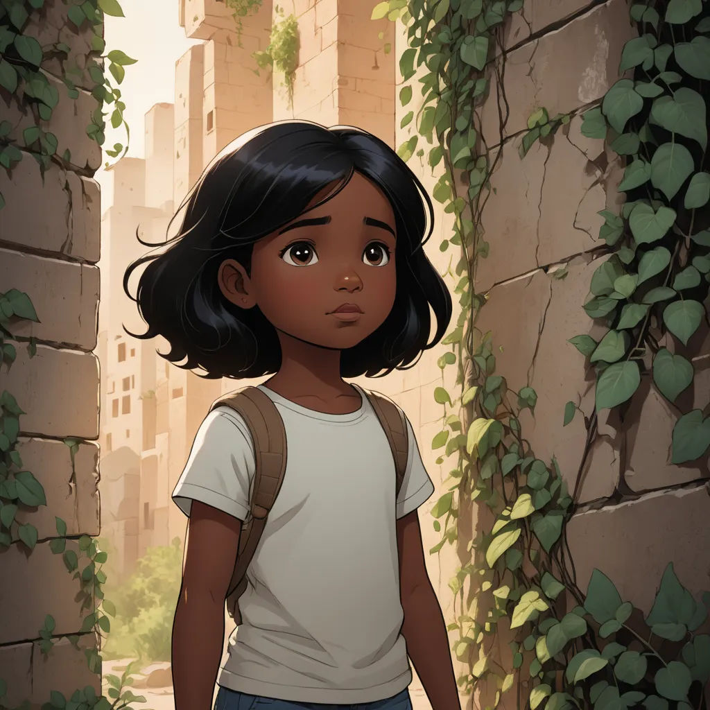 a young girl standing in a tunnel with ivy growing on the walls and a city in the background, in a cartoon, serial art, a storybook illustration, Cliff Childs, cushart krenz