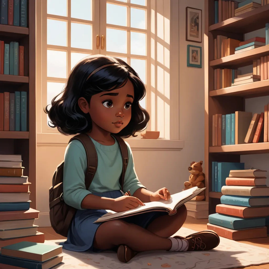 a girl sitting on the floor reading a book in front of a window with bookshelves behind her, fantasy art, a storybook illustration, Chris LaBrooy, storybook illustration