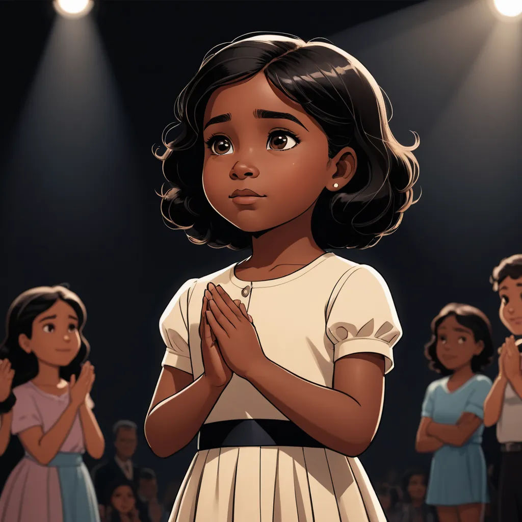 a cartoon of a girl in a white dress with her hands folded in prayer in front of a crowd of people, harlem renaissance, concept art, Chinwe Chukwuogo-Roy, kinkade