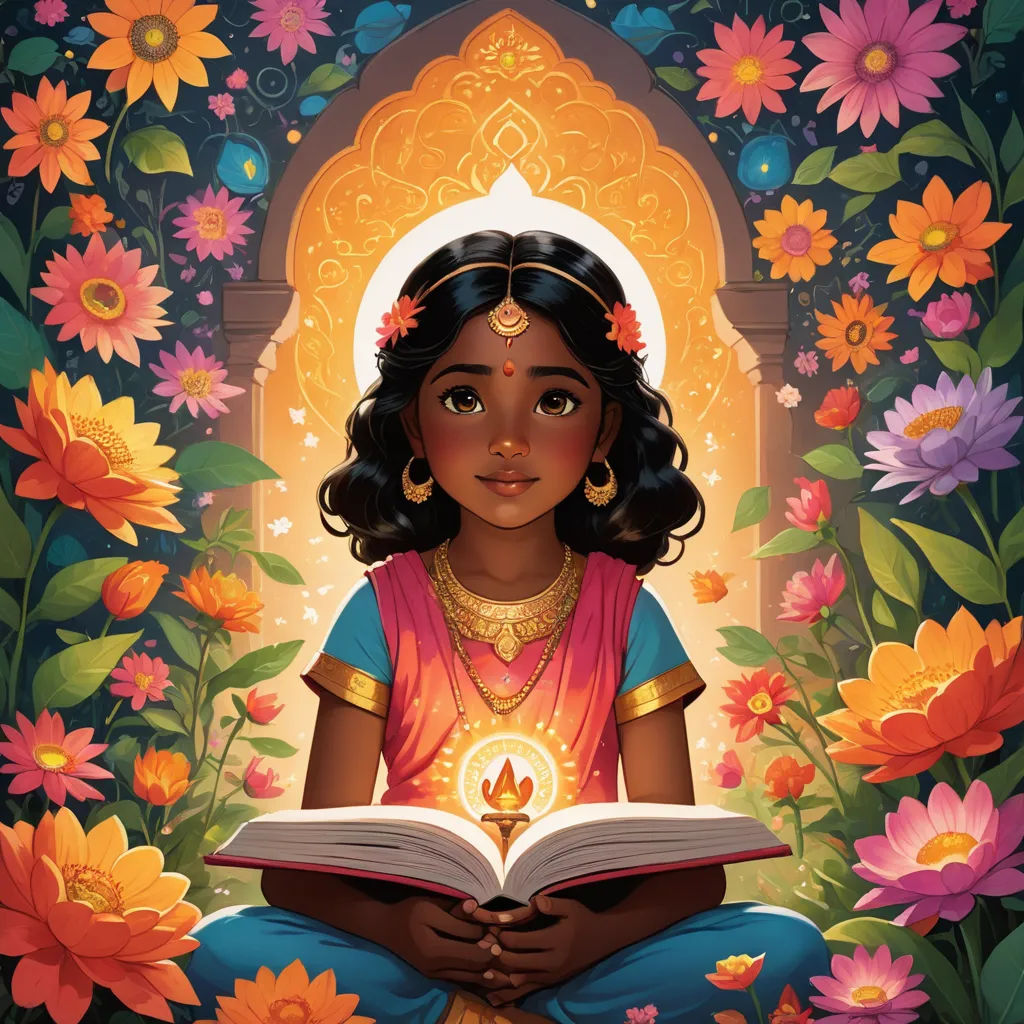 a girl sitting in a lotus position reading a book with a light shining in her hand and flowers around her, fantasy art, a storybook illustration, Ella Guru, comic cover art