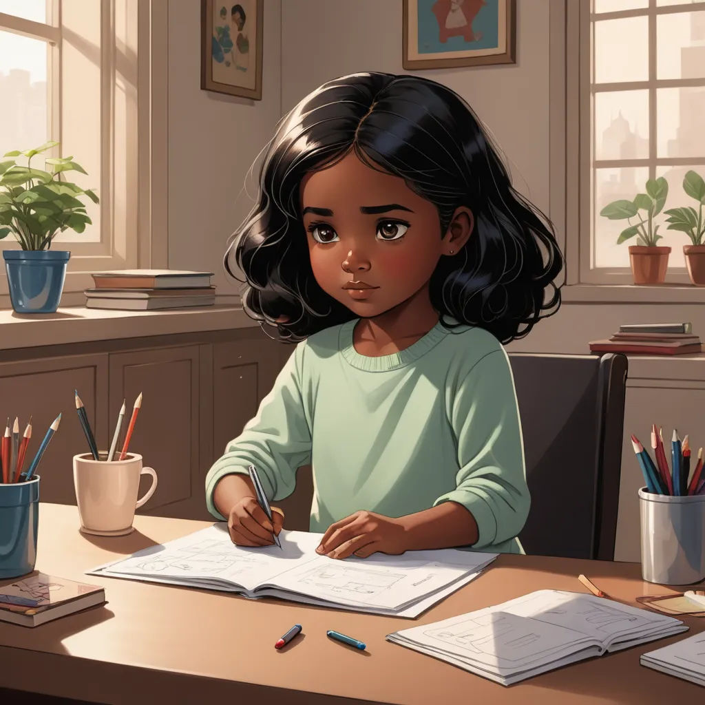 a little girl sitting at a desk with a book and pencils in front of her and a cup of coffee, academic art, a storybook illustration, Alexis Simon Belle, trending on art station