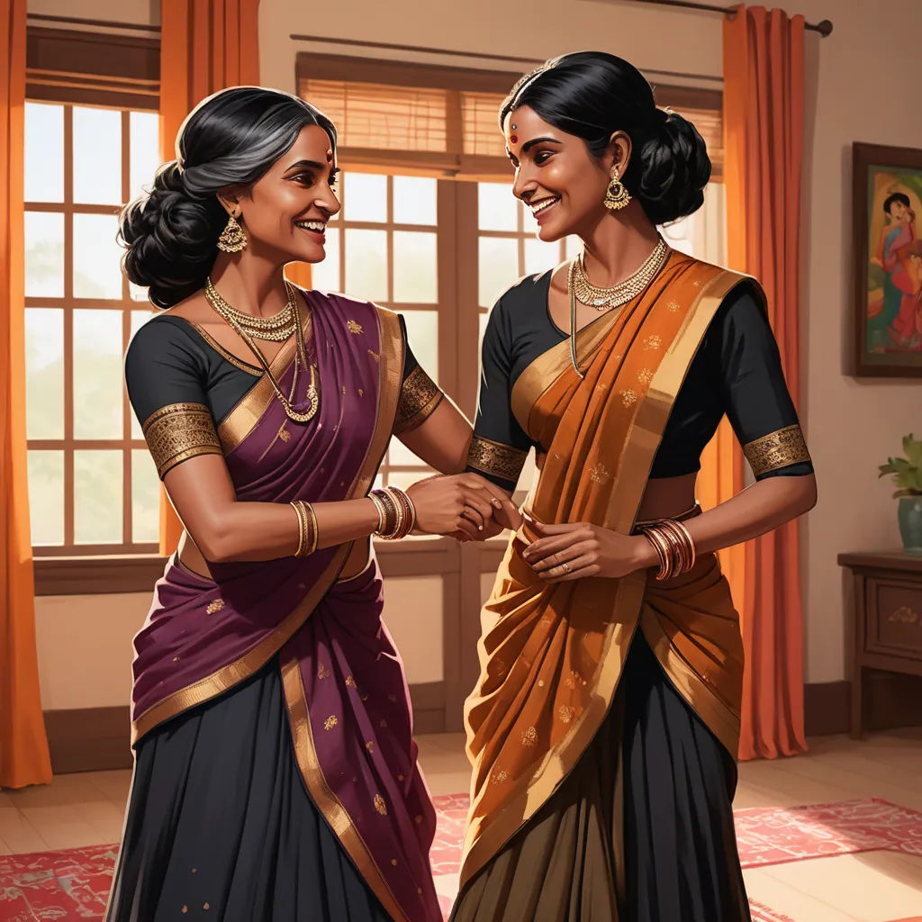 a painting of two women in sari holding hands and smiling at each other in a room with a window, samikshavad, a detailed painting, Ella Guru, high detail illustration