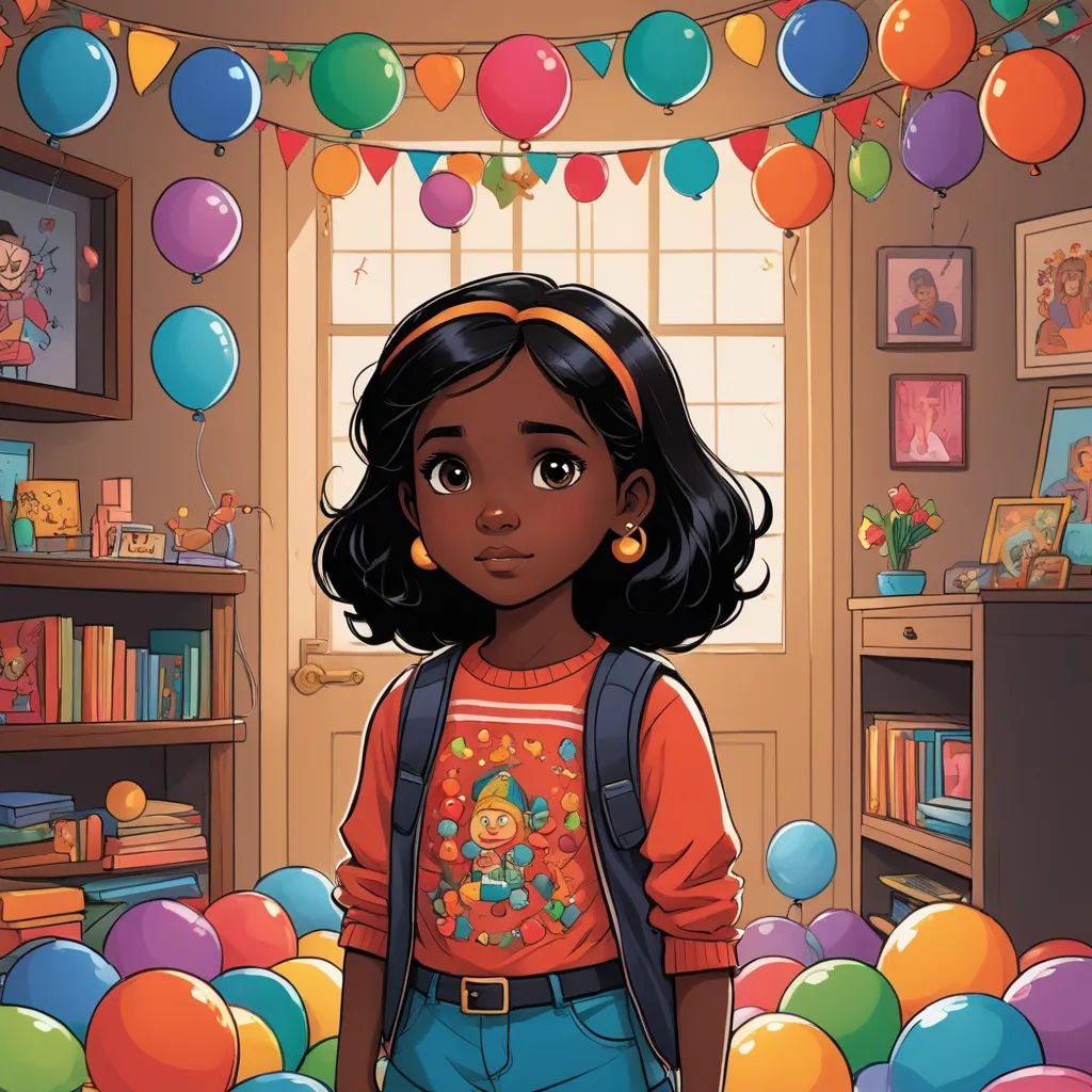 a cartoon girl standing in a room filled with balloons and bookshelves with a window in the background, afrofuturism, poster art, Chinwe Chukwuogo-Roy, comic cover art