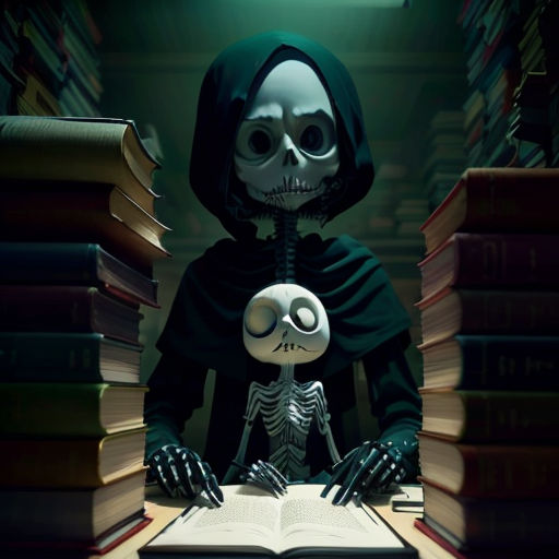a skeleton sitting at a desk with a book in front of it and a skeleton standing next to it