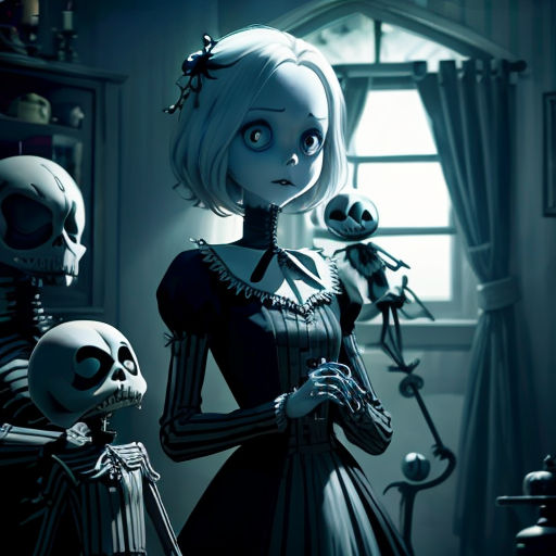 a cartoon character standing next to a skeleton in a room with a window and a window curtain in the background