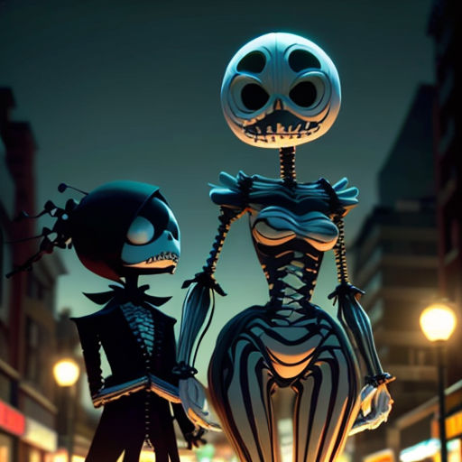 a couple of skeletons standing next to each other on a street at night with a full moon in the sky