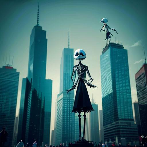 a cartoon character standing in front of a city skyline with tall buildings and a skeleton figure in the foreground