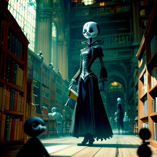 a skeleton in a library with a skeleton in a dress and a skeleton in a dress and a skeleton in a dress