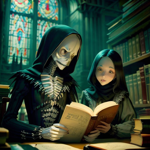 two children reading a book in a library with skeleton costumes on and a stained glass window behind them,