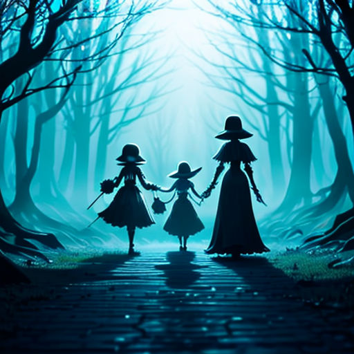 two girls in a forest holding hands and walking towards the light at night with a creepy background and a creepy light at the end