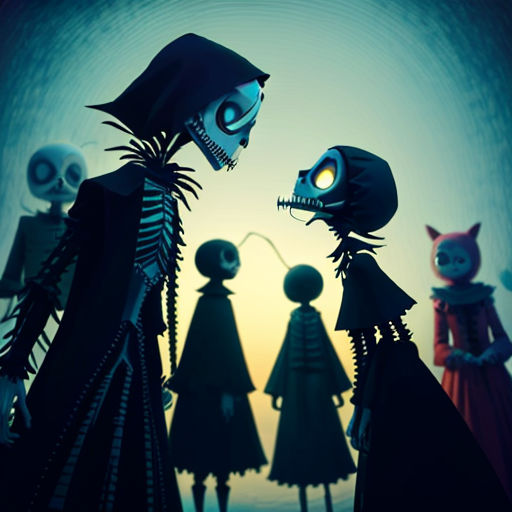 a group of cartoon characters standing next to each other in a tunnel with a cat on the side of the image
