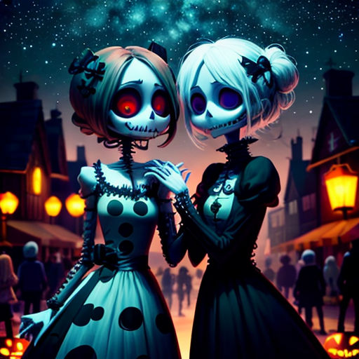two skeletons dressed in halloween costumes standing next to each other in a town at night with a full moon in the sky