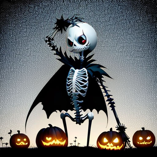a skeleton with a bat and pumpkins in the grass at night with a full moon in the background