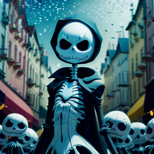 a group of skeleton skeletons in a city street with buildings and a sky full of stars and clouds in the background