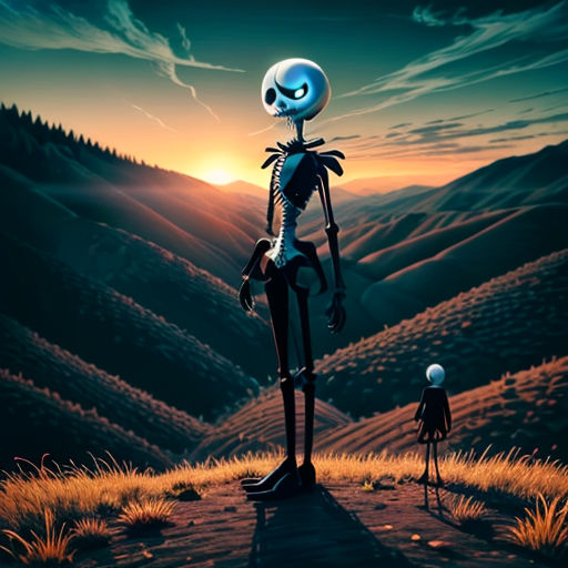 a skeleton and a person standing on a hill at sunset with a sky background and mountains in the background