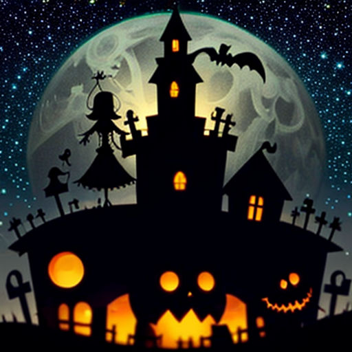 a halloween scene with a full moon and a castle with bats and pumpkins on it, and a full moon in the background