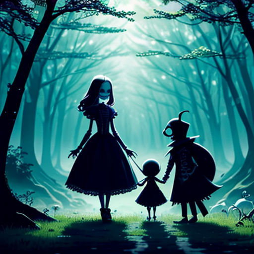 a couple of people standing in the woods with a child on their lap and a light shining through the trees