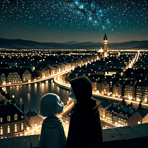 two people looking at the stars in the sky above a city at night with a river below them and a bridge in the foreground