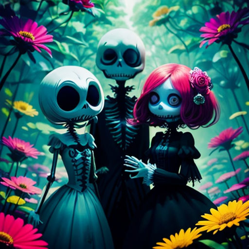 a couple of skeletons standing next to each other in a field of flowers and daisies with a light shining behind them