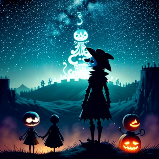 a cartoon of a couple of kids standing in front of a halloween tree with jack and jack pumpkins