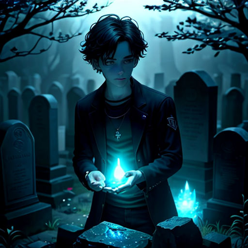 a man holding a glowing light in his hands in a cemetery at night with trees and tombstones in the background
