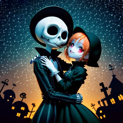 a couple dressed up as jack and sally from the corpse movie, hugging in front of a night sky with stars