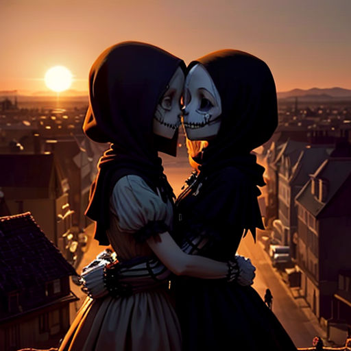 two people in costumes hugging on a rooftop at sunset with a city in the background and a sun setting