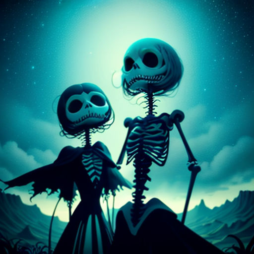 two skeletons standing next to each other in the moonlight with a full moon behind them and a full moon behind them
