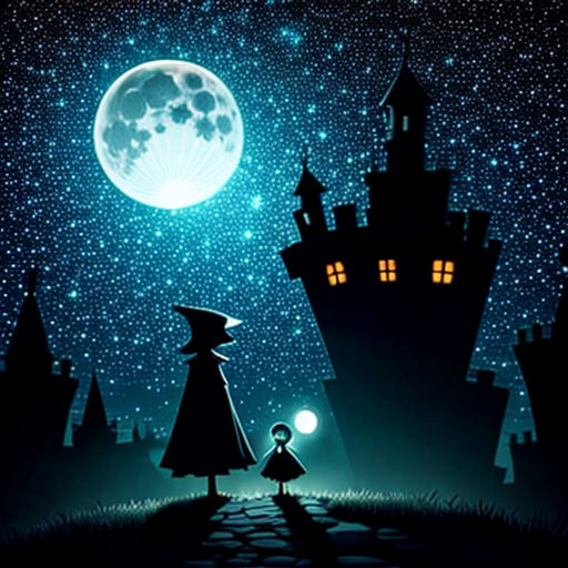 a person standing in front of a castle under a full moon with a full moon in the background and stars in the sky