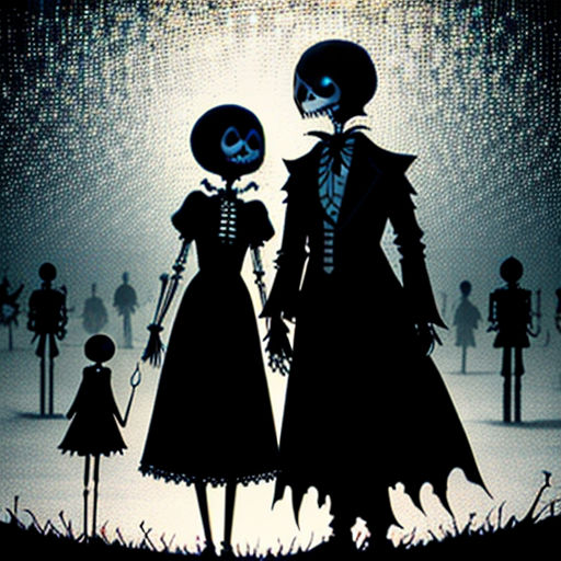 a couple of people that are standing in the snow with a skeleton on their head and a skeleton on their shoulder