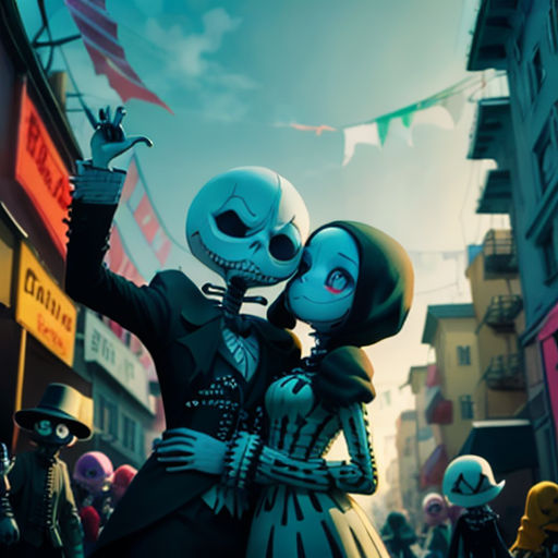 a couple of skeletons are standing in the street together, with a skeleton in the middle of the street