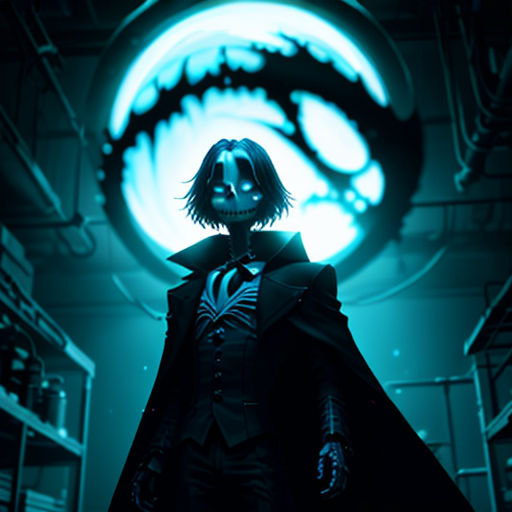 a man in a suit and cape standing in a room with a circular window behind him and a dragon on the wall