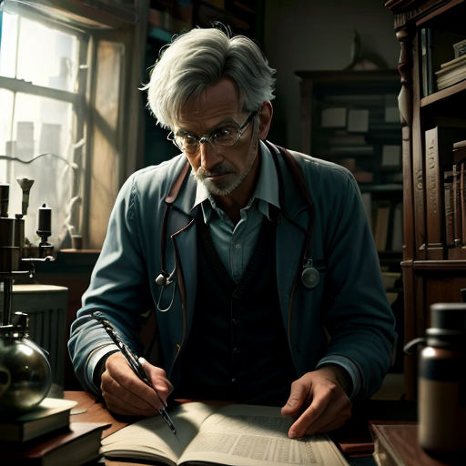 a man sitting at a desk with a book and pen in his hand and a book open to the page