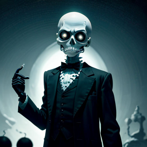 a skeleton dressed in a suit and tie holding a cigarette in his hand and a skeleton in the background