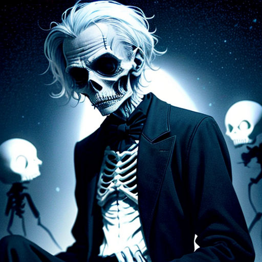 a skeleton dressed in a suit and bow tie sitting in front of a full moon filled sky with skulls