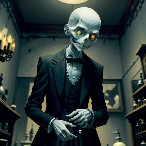 a skeleton dressed in a suit and tie in a room with shelves of glass bottles and a clock on the wall