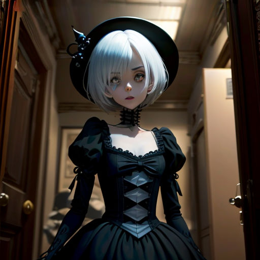 a woman in a black dress and hat standing in a doorway with a mirror behind her and looking at herself